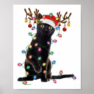 Rentier Black Cat Christmas Lights Funny Cat Liebe Poster