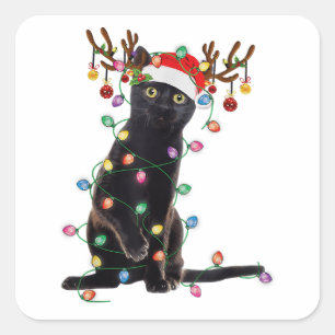 Rentier Black Cat Christmas Lights Funny Cat Liebe Quadratischer Aufkleber