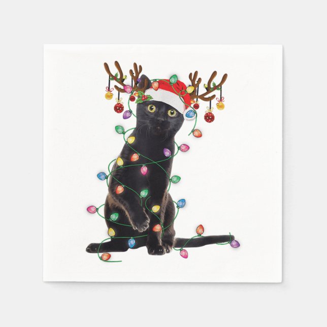 Rentier Black Cat Christmas Lights Funny Cat Liebe Serviette (Vorderseite)
