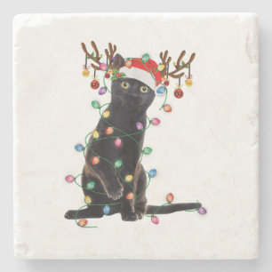 Rentier Black Cat Christmas Lights Funny Cat Liebe Steinuntersetzer