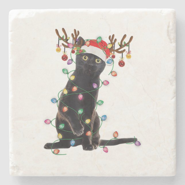 Rentier Black Cat Christmas Lights Funny Cat Liebe Steinuntersetzer (Vorderseite)