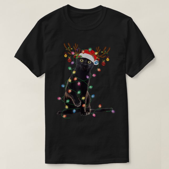 Rentier Black Cat Christmas Lights Funny Cat Liebe T-Shirt (Design vorne)