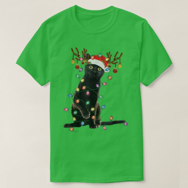 Rentier Black Cat Christmas Lights Funny Cat Liebe T-Shirt (Design vorne)