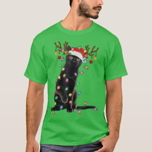 Rentier Black Cat Christmas Lights Funny Cat Liebe T-Shirt