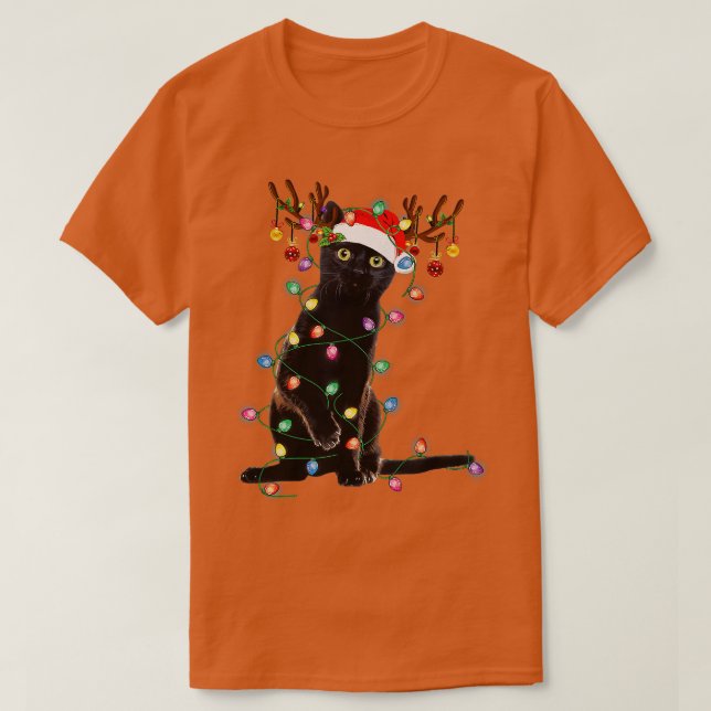 Rentier Black Cat Christmas Lights Funny Cat Liebe T-Shirt (Design vorne)