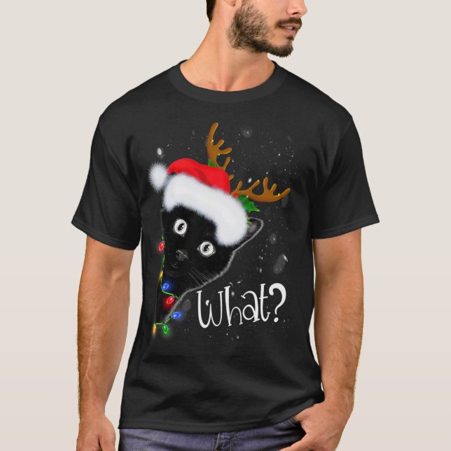 Rentier Black Cat Christmas Lights Funny Cat Liebe T-Shirt (Vorderseite)