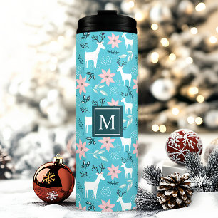 Rentier-Blumen-Weihnachtsstern-Weihnachtsmonogramm Thermosbecher