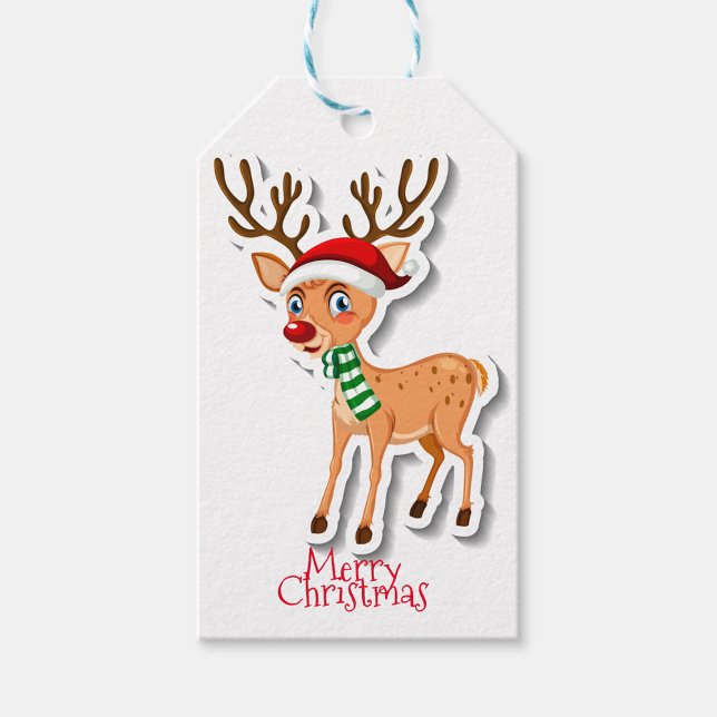Rentier Cartoon Gift Tags Geschenkanhänger (A cheerful reindeer wearing a festive red Santa hat and a green striped scarf stands playfully.)
