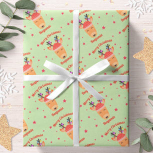 Rentier Christmas Red Green Name Personalisiert Geschenkpapier