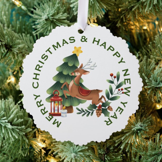 Rentier & Christmas Tree on White , PERSONALISIERT Ornament Karte (Insitu (Baum))