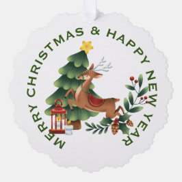Rentier & Christmas Tree on White , PERSONALISIERT Ornament Karte