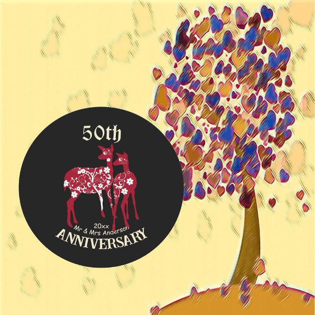Rentier Couple Decorative Art zum 50. Jubiläum Runder Aufkleber (50th Anniversary Reindeer Couple Decorative Art Classic Round Sticker)
