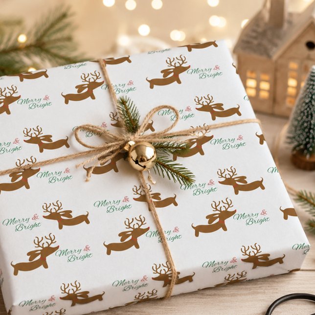 Rentier-Dachshund Froh & Hell Geschenkpapier (Dachshund Merry & Bright Wrapping Paper Reindeer )