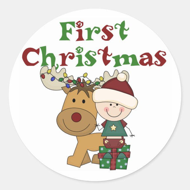 Rentier First Christmas T - Shirt und Geschenke Runder Aufkleber (Vorderseite)