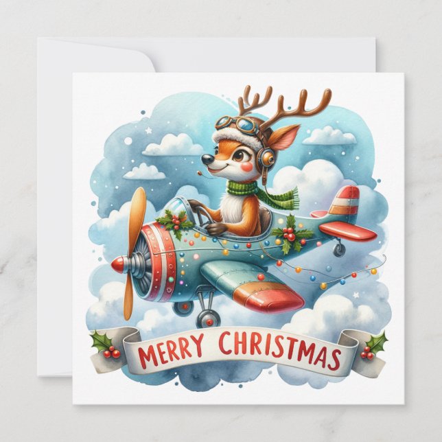 Rentier Flying Airplane Weihnachtskarte (Vorderseite)