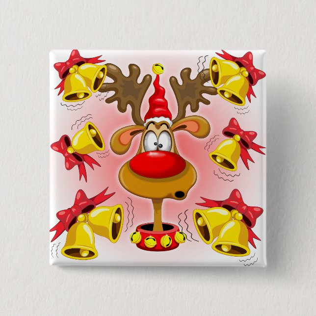 Rentier Fun Weihnachten Cartoon mit Bells Alarms Button (Vorderseite)