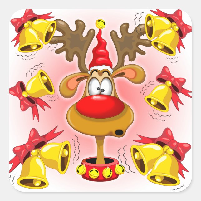 Rentier Fun Weihnachten Cartoon mit Bells Alarms Quadratischer Aufkleber (Vorderseite)