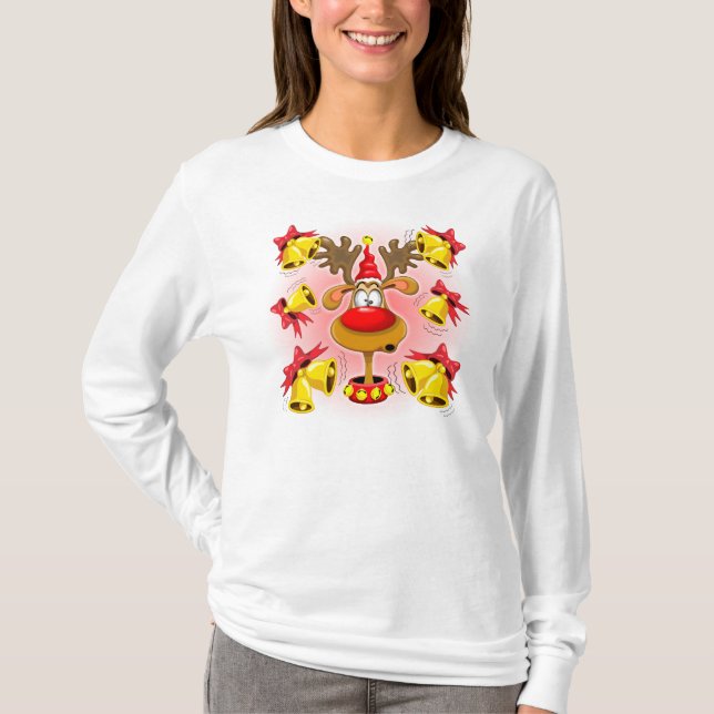 Rentier Fun Weihnachten Cartoon mit Bells Alarms T-Shirt (Vorderseite)