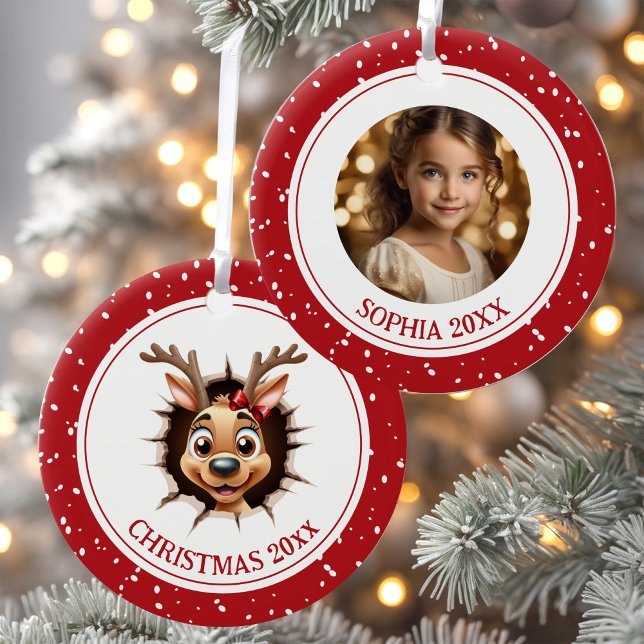 Rentier Girl Name Weihnachtsgebäck Foto Ornament (Funny Happy Reindeer Girl Christmas Photo Ornament)