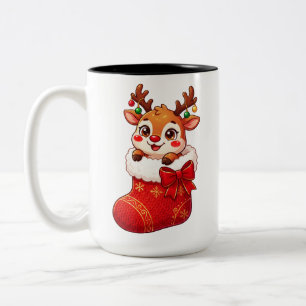 Rentier im Weihnachtsstrumpf Zweifarbige Tasse