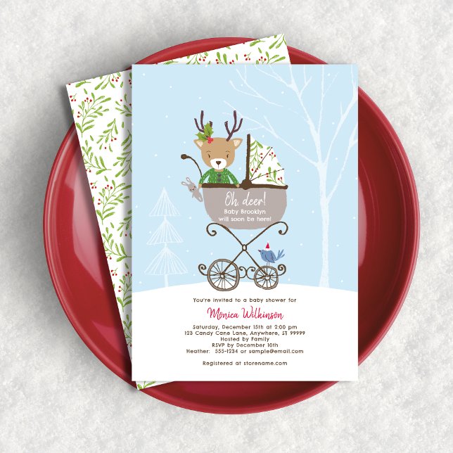 Rentier in Stroller Winter Holiday Baby Shower Einladung (Shown on a 5" x 7" card)