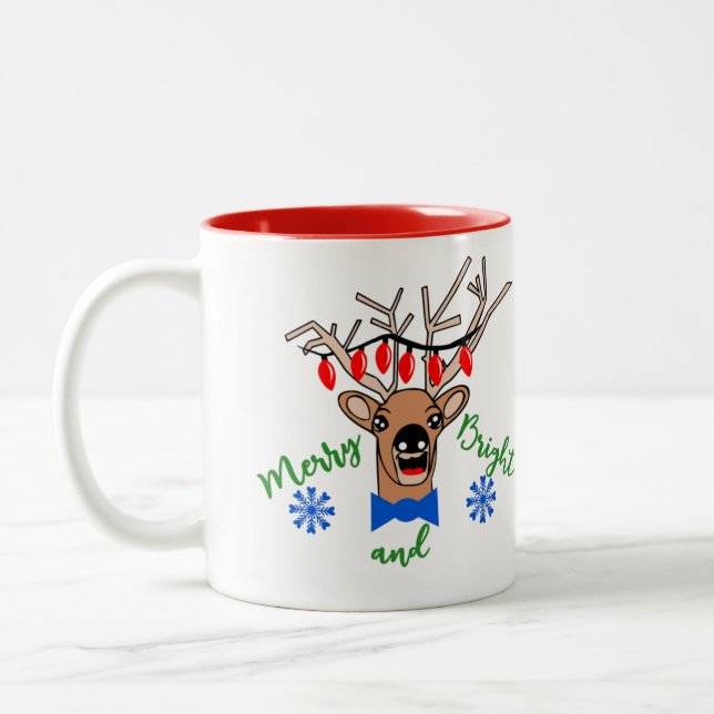 Rentier mit Lights Weihnachtskaffee Zweifarbige Tasse (Links)