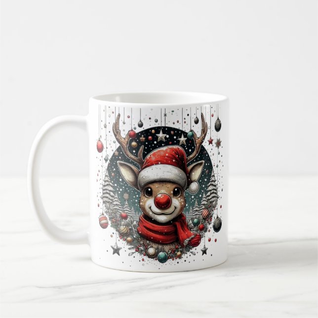 Rentier mit roter Nose und Weihnachtsmannmütze Art Kaffeetasse (Links)
