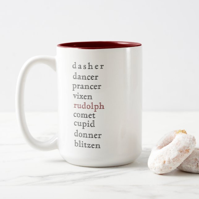 Rentier Names Holiday Tasse (Mit Donut)