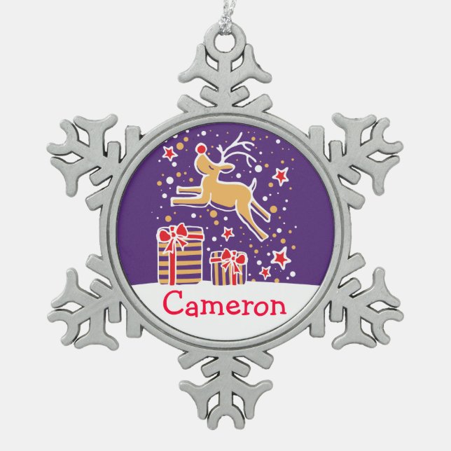 Rentier nennt Schneeflocken Weihnachtsschmuck Schneeflocken Zinn-Ornament (Vorderseite)