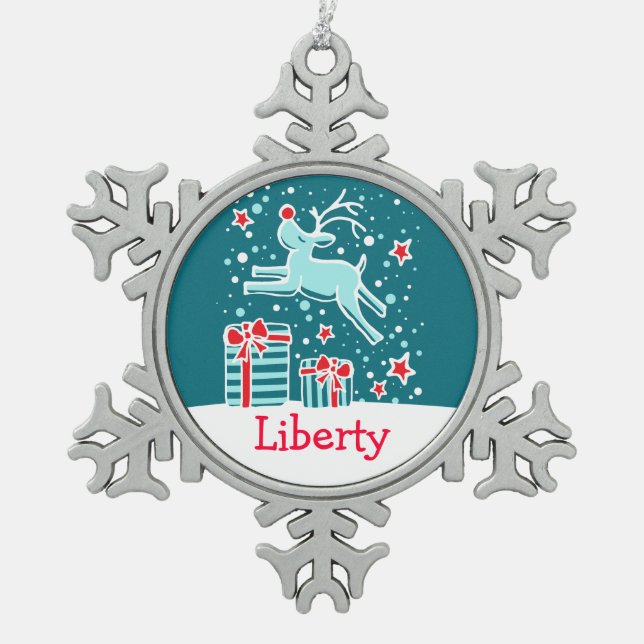 Rentier nennt Schneeflocken Weihnachtsschmuck Schneeflocken Zinn-Ornament (Vorderseite)