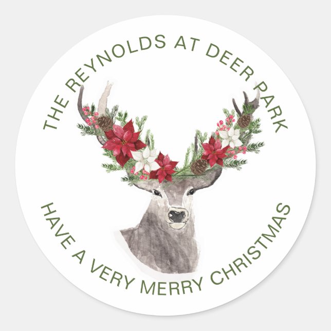 Rentier, Poinsettia Weihnachten Runder Aufkleber (Vorderseite)