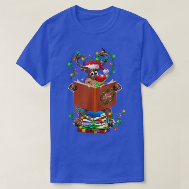 Rentier Reading Books Weihnachtsleuchten Ornamente T-Shirt (Design vorne)