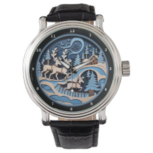 Rentier-Schlittenfahrt Winterkunstwerk Armbanduhr