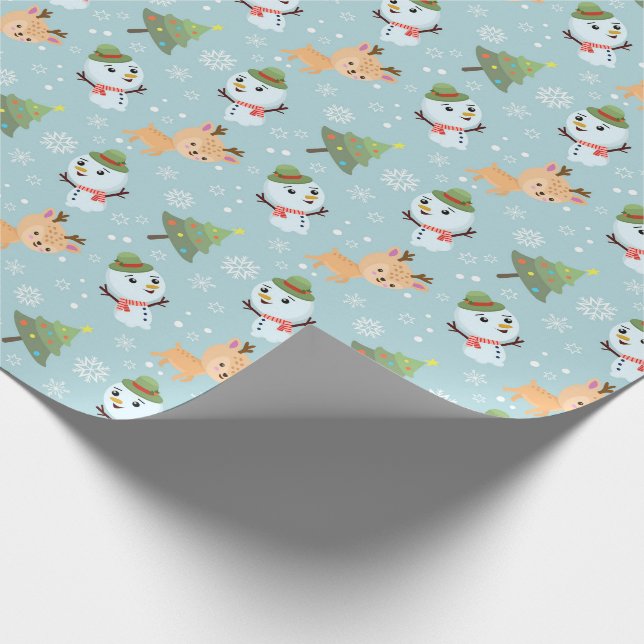 Rentier, Schneemänner und Weihnachtsbaumen Geschenkpapier (Ecke)