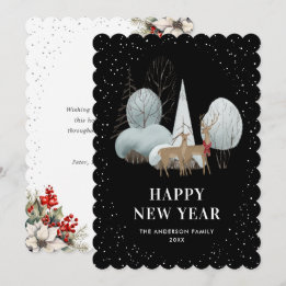 Rentier Schneewald Schwarz Neujahrskarte Feiertagskarte