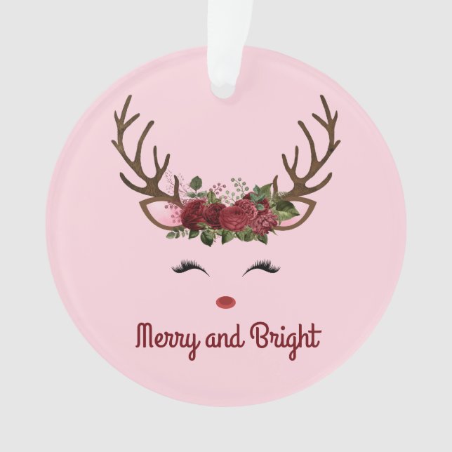Rentier und Blume Merry and Bright on Pink Cera Ornament (Vorderseite)