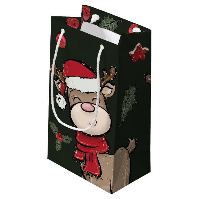 Rentier und Red Berry Dark Green Small Gift Bag Kleine Geschenktüte (Rückseite Schrägansicht)