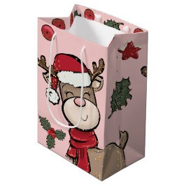 Rentier und Red Berry Pastel Pink Mittlere Geschen Geschenktüte