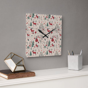 Rentier Wall Clock Folk Art Christmas Quadratische Wanduhr