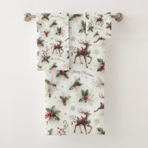 Rentier, Weihnachts-Holly und Schneeflocken Badhandtuch Set