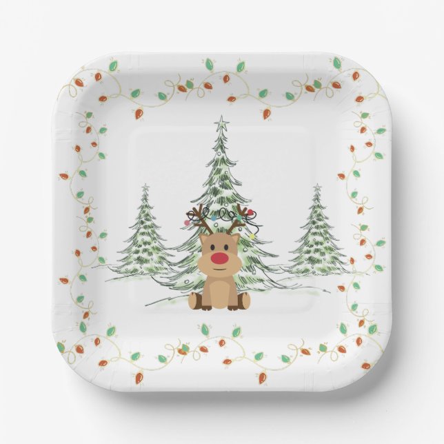 Rentier Weihnachtsleuchten Winterbaumen Pappteller (Vorderseite)