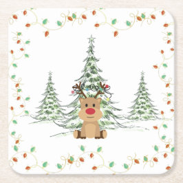 Rentier Weihnachtsleuchten Winterbaumen Rechteckiger Pappuntersetzer