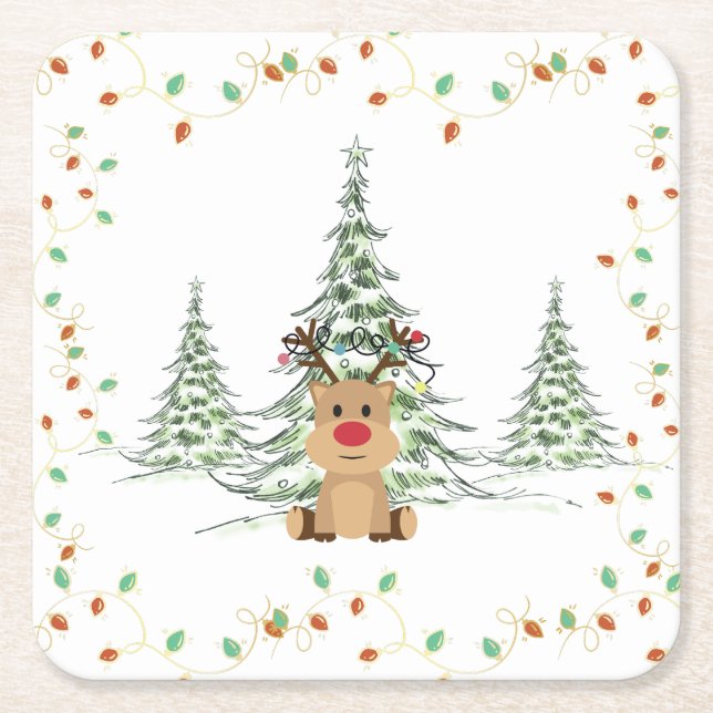 Rentier Weihnachtsleuchten Winterbaumen Rechteckiger Pappuntersetzer (Vorderseite)
