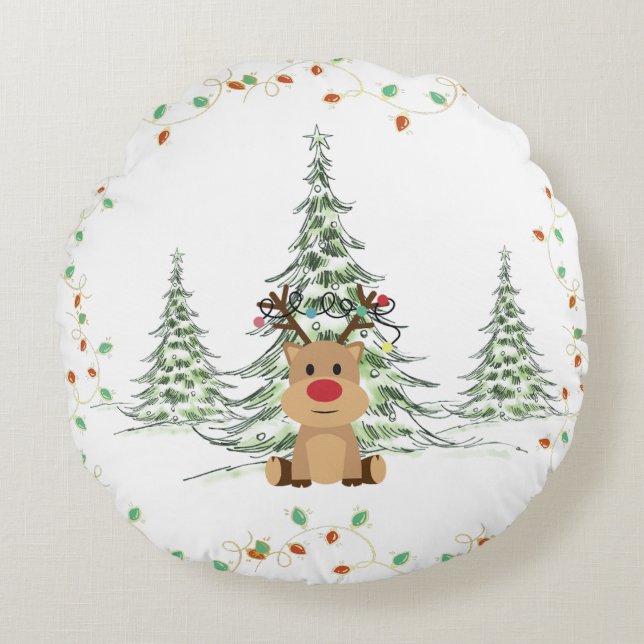 Rentier Weihnachtsleuchten Winterbaumen Rundes Kissen (Vorderseite)