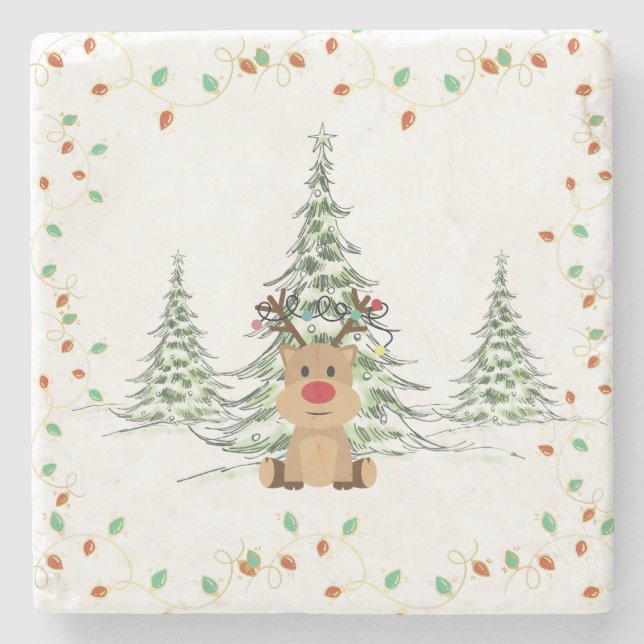 Rentier Weihnachtsleuchten Winterbaumen Steinuntersetzer (Vorderseite)