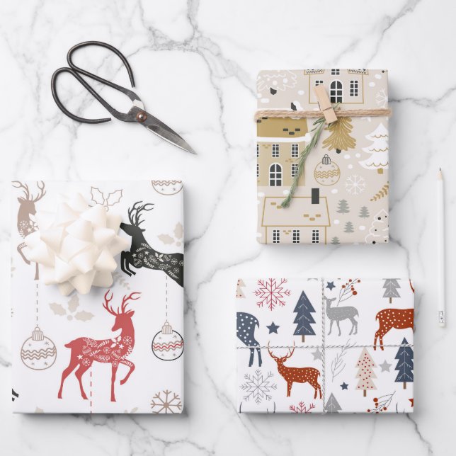 Rentier Weihnachtsmuster Geschenkpapier Set (Vorderseite)