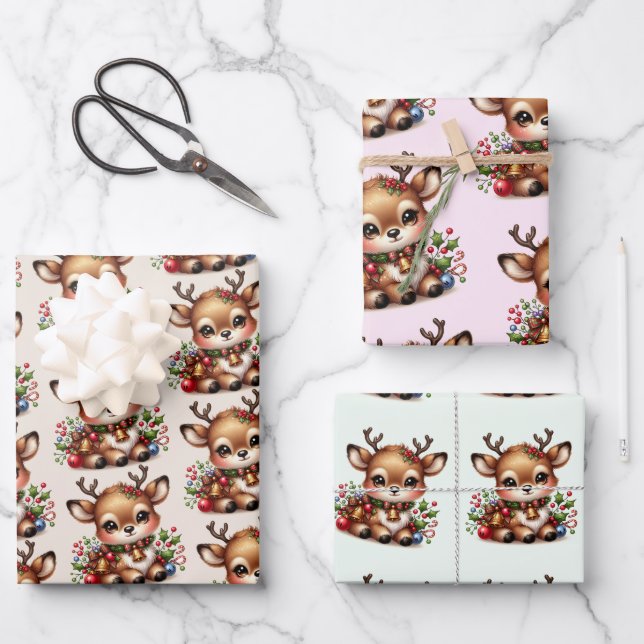 Rentier Weihnachtswrapping Paper Flat Sheet-3Set Geschenkpapier Set (Vorderseite)