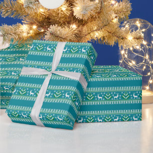 Rentier-Winter-Fair-Isle-Muster in Türkisblau Geschenkpapier