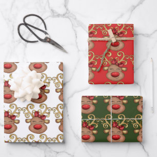 Rentiere Cartoon rotes Glitzer Nasenmuster  Geschenkpapier Set