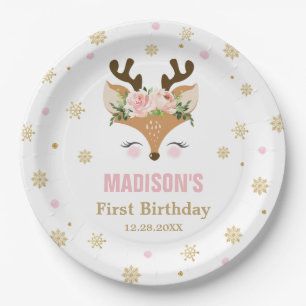 Rentiere Floral Schneeflocken Weihnachten Geburtst Pappteller